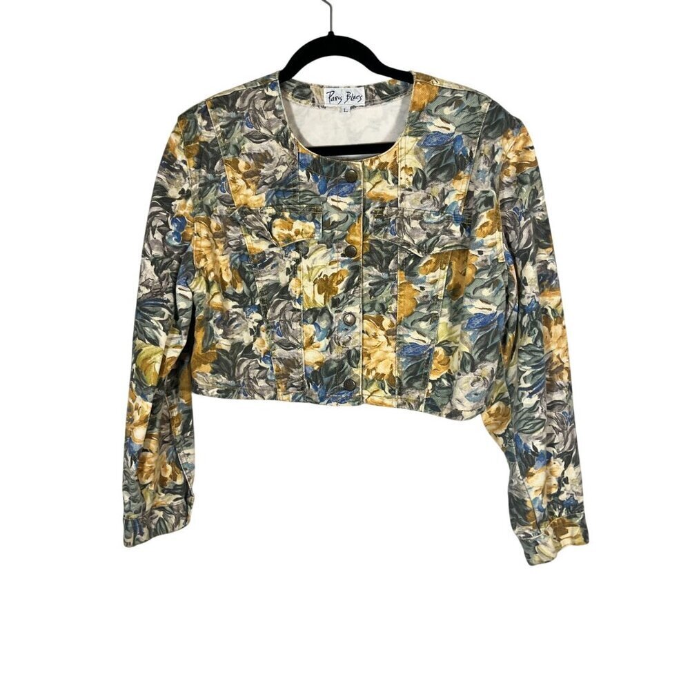 Retro Floral Crop Denim Jacket L Tan Tropical Preppy Chic Cottagecore 80s Artsy